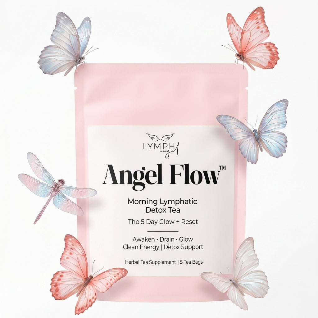 Tea package labeled 'Angel Flow' 5 day glow and reset with butterflies on a white background