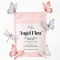 Tea package labeled 'Angel Flow' 5 day glow and reset with butterflies on a white background