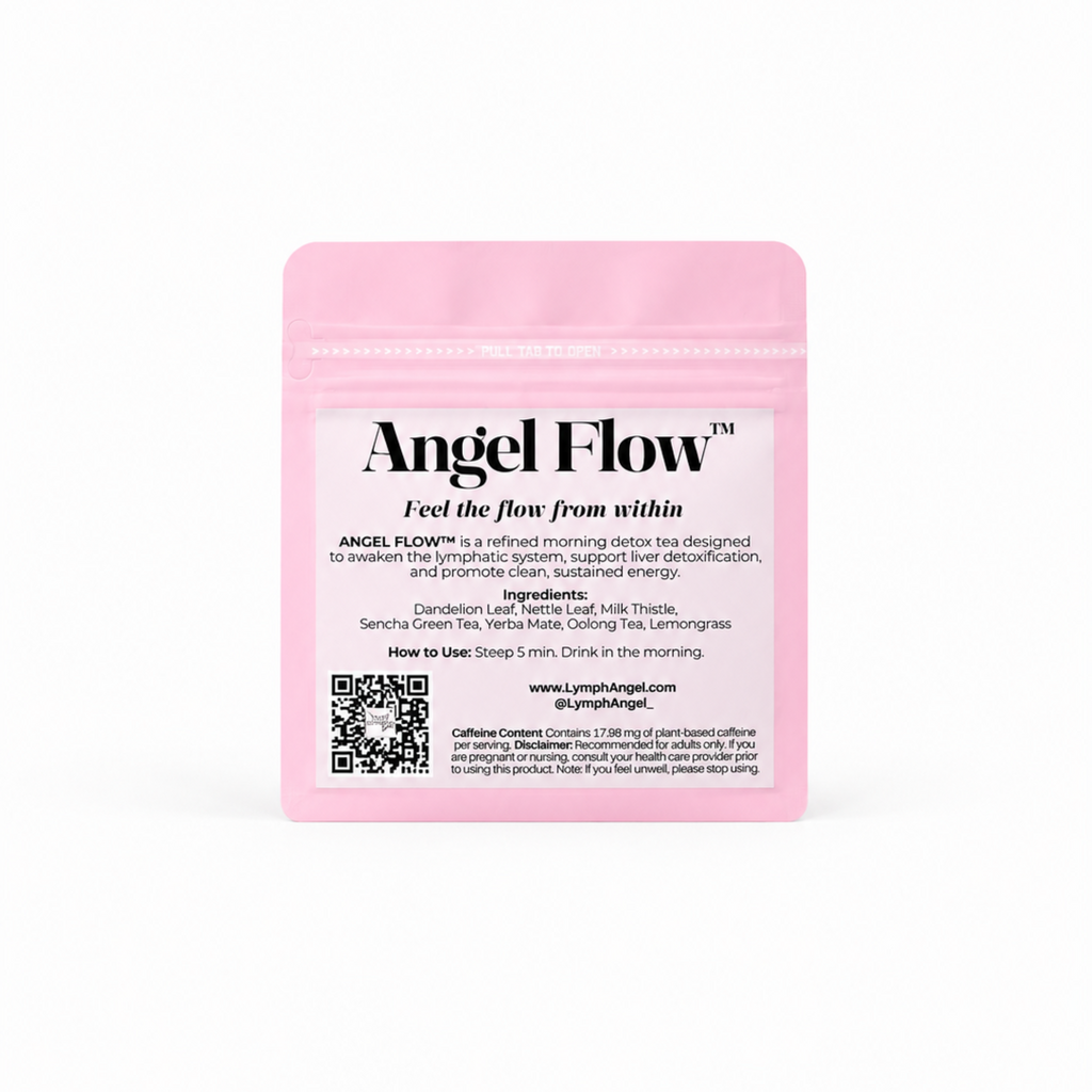 A pink resealable pouch of Angel Flow herbal tea on a plain white background. The front label features the product name 'Angel Flow' in bold black text with a white background, accompanied by a QR code and product details.
