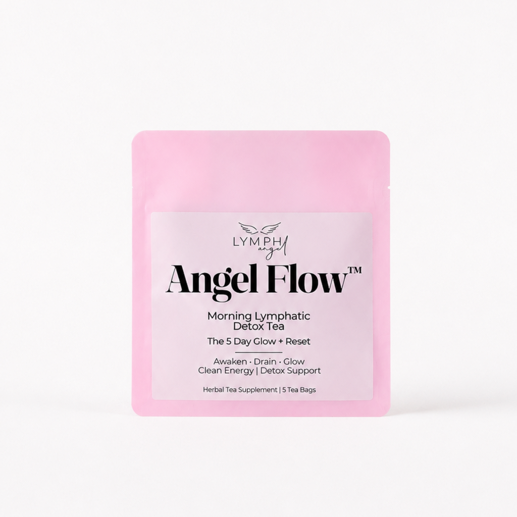 A pink stand-up pouch of LYMPH Angel Flow Morning Lymphatic Detox Tea on a clean white background.