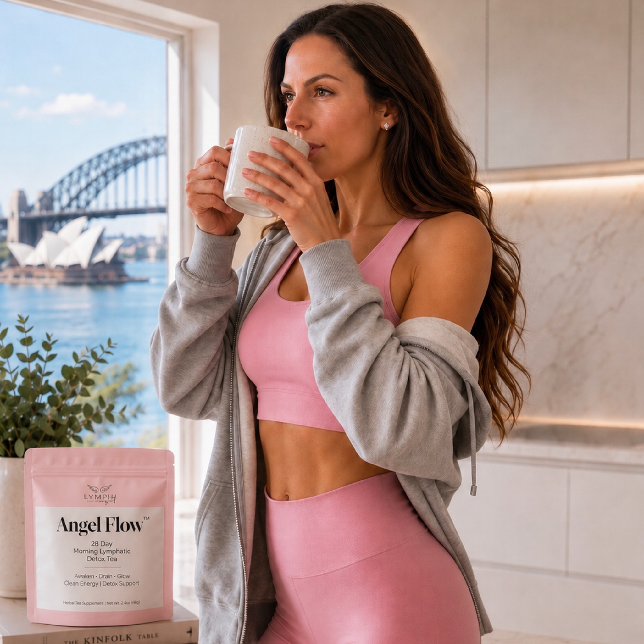 A woman in a pink sports bra and matching leggings stands in a bright kitchen setting, holding a white mug. A pink bag labeled Angel Flow Tea is visible on the counter beside her, with a window showing Sydney Harbour in the background.