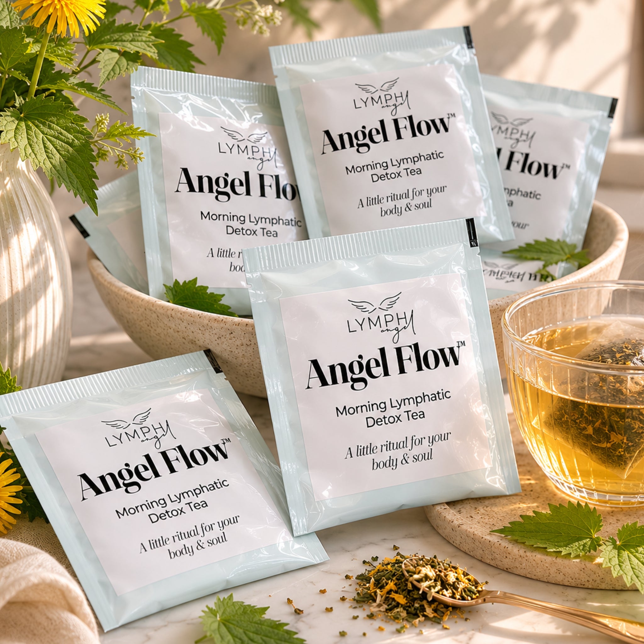 Angel Flow daily morning lymphatic detox tea packets on a wooden surface with a cup of tea and herbs.